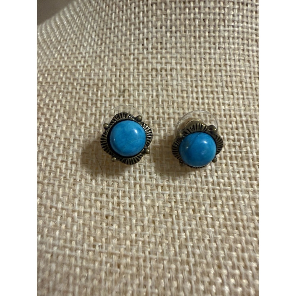 Western Turquoise Style Stud Earrings Bronze Tone Scalloped Bohemian Post Blue